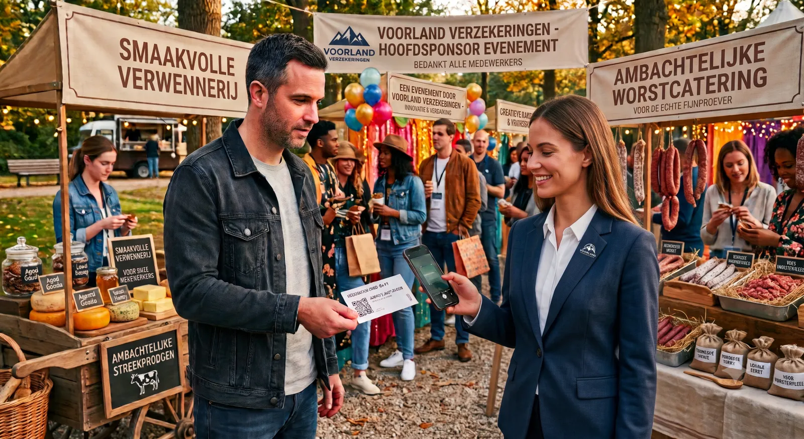 Host scant een e-ticket met haar telefoon bij een foodstand op het event