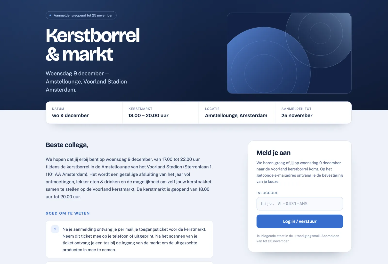 Voorbeeld van een uitnodigingspagina: Kerstborrel & markt